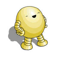 An ovoid robot with banded arms and legs, entirely gold in colour. It has its hands balled on its waist and its legs slightly spread and appears to be laughing triumphantly.