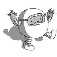 A spherical robot with banded arms and legs, walking along and waggling its fingers while wearing latex gloves and a pair of safety goggles.