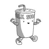 A robot in the form of a carton of milkshake with a straw sticking out. It has banded arms and legs and is advancing with a malevolent smile on its face.