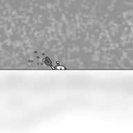 A scene of a flat, snowy horizon beneath a grey sky speckled with pale splodges to represent snow. In the middle, looking very small against the background, is the top of a round robot just visible over the snow. It has a banded antenna on its top and is wielding a shovel, tossing some snow behind it. Its eyes - the only visible part of its face - look annoyed.