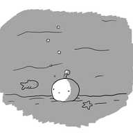 A spherical robot with an antenna sitting on the seabed looking vaguely miffed. A starfish is next to it and a confused fish has swum up to investigate. Bubbles are rising to the surface from the robot.