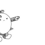 A round robot with banded arms and legs and an antenna with a third eye on it, shielding its main eyes with one hand and squinting with all three of them as it points into the distance where three birds are flying.