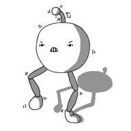 A weirdly angry spherical robot with two jointed legs and an antenna. It's doing a bow-legged dance and its body and antenna are both moving too as it bares its teeth.