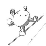 A round robot with banded arms and legs and an antenna, balancing on one leg atop a suspended high wire. Its arms are extended and it looks quite worried.