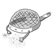 A robot in the form of an upturned sieve with its face on the outside rim. It has two slim banded arms and is sorting through a number of grains using its hands, delicately placing the larger ones in a small, separate pile. Its expression is one of intense concentration with its tongue sticking out.