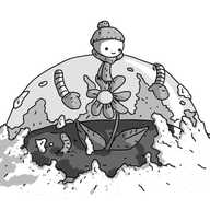 A robot in the form of a transparent dome with a round head on top and two banded arms partway down. The robot is wearing a woolly hat, scarf and mittens. Inside the dome, a flower grows from the soil while an earthworm emerges beside it; it has a face and looks surprised. Outside the dome, frost encrusts the ground and is creeping up the sides.