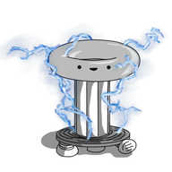A robot in the form of a Tesla coil: it has a flat disc at its base with three banded legs on the bottom, an upright, laterally banded cylinder atop that and a large, silvery torus on the top, on which is placed the robot's smiling face. Crackling arcs of blue, glowing electricity wreathe the robot, joining the flat base to the torus.