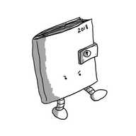 A robot in the form of a book with '2018' in the top right of the front cover. Halfway down is a clasp with a keyhole that wraps around the outer edge to keep it locked shut. The robot has two little legs at the bottom, one of which is stretched out as if aiming a kick and it has a pair of very angry-looking eyes (but no mouth).