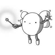 A spherical robot with slim, banded arms and legs, diaphanous wings and a glowing wand with a star on the end. It's smiling and waggling its fingers.