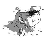 An ovoid robot with banded arms and legs and an antenna, walking along holding a big box filled with hair that is shedding strands everywhere.