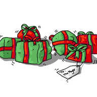 Six Christmas presents, wrapped in green paper with red ribbon or vice versa. Two are cubic, two are spherical and two are pyramidal, but all have lumps and bumps here and there. They're all shaking, and one has a label attached that reads "To: The Mayor".