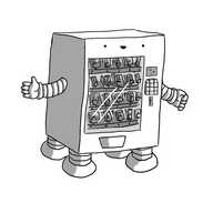 A robot in the form of a vending machine with a glass front showing all its various snacks and drinks. It has four legs on the bottom and arms on either side. Its smiling face is at the top.