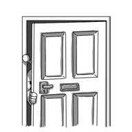 The front door of a house, slightly ajar, with a chain visible near the handle, running across the gap inside. A robot is partially visible peering out, its fingers gripping the side of the door, its antenna hanging out, and its only visible eye looking very angry as it peers out.