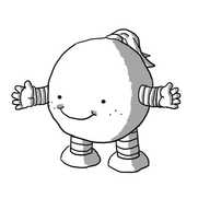 A smiley, spherical robot with a little ponytail and freckles on its chubby cheeks. It's holding out its arms for a hug.