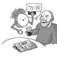 A spherical robot held aloft by a propeller on its top, with two jointed arms. It's hovering at a table beside a bearded man drinking a pint of beer. A copy of the Daily Mail with the headline "EVERYTHING BAD" is on the table. A speech bubble coming from the man has the EU flag in it, but another speech bubble coming from the robot that contains rain and a stylised sun is obscuring most of it.