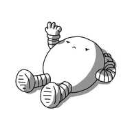 An ovoid robot with banded arms and legs, lying on the ground with one hand beneath its top and the other raised up, flicking two fingers. It's frowning grumpily at whoever is on the receiving end of its hand gesture.