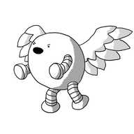 An ovoid robot with four banded legs and large, feathered wings protruding from its back. It's rearing up on its hind legs and shouting with its wings spread wide.