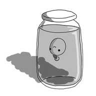A jar of some liquid, in which floats an ovoid robot without any limbs. It has a coiled antenna and is suspended upside-down, apparently happy with its situation.
