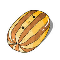 A robot in the form of a brown and yellow shiny, stripy humbug sweet. It's got a grumpy little face on its top.