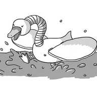 A robot in the form of a swan, with large, hinged wings and a sinuous, banded neck. It's launching itself through the water, kicking out its feet and angrily snapping its beak.