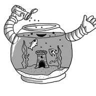 A robot in the form of a classic round fishbowl. Inside are a number of fish, some plants and a little castle. The robot has two thick, banded arms attached to either side of the bowl, one of which is shaking out fish food from an open container into its top. Its cheerful face is on the outside of the bowl's transparent surface, just above the water line.