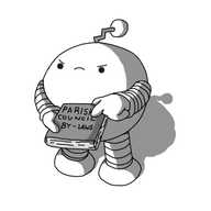 A spherical robot with banded arms and legs and a zigzag antenna, holding a book entitled "PARISH COUNCIL BY-LAWS" in front of it, pointing to the cover and looking angry.