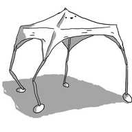 A robot in the form of a collapsible gazebo, with its struts replaced by jointed robot legs. Its smiling face is on one side of its peaked canvas roof.