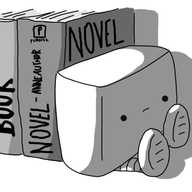 A robot shaped like a fat cuboid on its side, sitting down with its banded legs out before it. It's resting against a couple of books with generic titles ("Novel" by Anne Author, "Book"), and looks a bit grumpy.