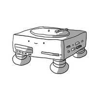 A low, cuboid robot on four banded legs. Its front has ports for VHS tapes and CDs/DVDs and its other visible side has various ports and sockets for different kinds of plugs. Its top has a vinyl record turntable.