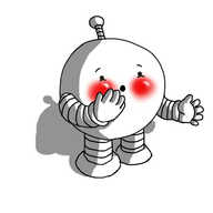 A round robot with banded arms and legs and an antenna sticking straight up as if in alarm. It's holding one hand up to its mouth, has a look of surprise on its face and bright red, glowing cheeks.