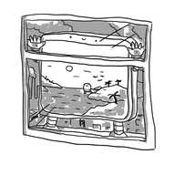 A window with a large, flat robot pressed up against it. The view behind it consists of dark factories and smog, while the robot itself has a screen on its surface showing an idyllic lagoon, complete with Bigbot stepping ashore in the background.