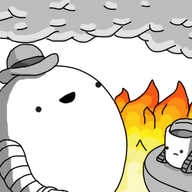 A round robot with banded arms and a little hat sitting on a chair in a burning room with a table next to it on which a Teabot is placed. The robot looks vacant and happy as the smoke billows about it, while Teabot isn't so sure.