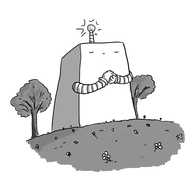 A large robot shaped like a tapered cuboid, with two banded arms and an antenna on its top. Its eyes are closed reverently and its hands clasped before it. A glowing sphere tops its antenna. It's set in a wide meadow dotted with wildflowers and flanked by deciduous trees.