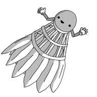 A robot in the form of a shuttlecock. Its end has a face on it and two little jointed arms attached. It's depicted at an angle, apparently flying through the air, and seems very happy about it.