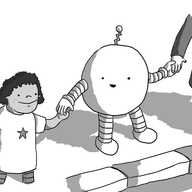 A round robot with banded arms and legs and a zig-zag shaped antenna. It's standing by a kerb, holding hands with a child in a dress and an adult, smiling at the child as if to tell them it's safe to cross the road.