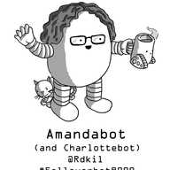 An ovoid robot with glasses and curly hair, holding up a full Teabot and waving. A small Cattobot is peeking out from behind her.