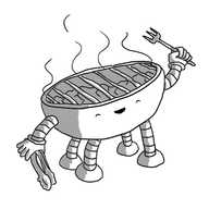 A robot in the form of a bowl-shaped barbecue, with four banded legs and two arms, one holding a long barbecue fork and the other holding a set of tongs. The robot is smiling happily with its eyes closed as it gestures with its fork towards its smoking grill.