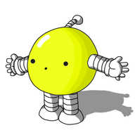 A spherical robot with banded arms and legs and an antenna. Its body is coloured the toxic yellow of a highlighter pen, and it's making an 'ooooh' face.