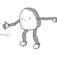 A round-topped robot with jointed arms and legs, frowning at a glowing point moving past it at about waist height as it points with one hand and motions it along with the other.