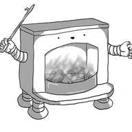 A robot in the form of an open fireplace, complete with a small hearth and a mantlepiece. Its smiling face is just above the opening and it has four squat banded legs on its underside and two arms, one of which is brandishing a poker. A curved grate holds a number of burning logs in the firebox.