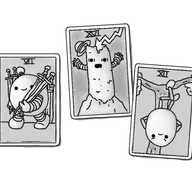 Three playing cards with face art in the style of the Rider-Waite tarot deck, but depicting small robots. One is the seven of swords, showing a round robot with banded arms and legs and an antenna cheerfully carrying a number of swords. The next depicts a robot in the form of a tower with banded arms built into a rocky crag, being struck by a bolt of lightning which is knocking off a small bowler hat, much to the robot's surprise and horror. The third is a t-shaped tree from which hangs an ovoid robot with jointed arms and legs. It's upside down with its legs crossed and arms behind its back, and it looks angry about the situation.