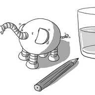 An ovoid robot with four banded legs and a long, wiggly arm below its eyes like an elephant's trunk. It has two large, hinged ears and a tail like an antenna with a small sphere on the end. It's standing beside a pencil and a glass of water, both about the same size as it.