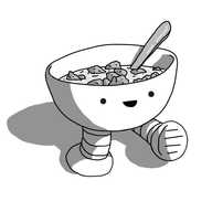 A robot in the form of a bowl of cereal with a spoon in it, with two banded legs. It's walking forward cheerily.