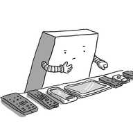 A slim, cuboid robot with banded arms standing at a table and looking  doubtfully at a row of remote controls and devices, including a phone, a tablet and an iPod. The robot is stroking the place its chin would be and counting with its other hand.