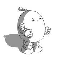 An ovoid robot with banded arms and legs and a zigzag antenna, squinting off into the distance with a defeated look on its face.