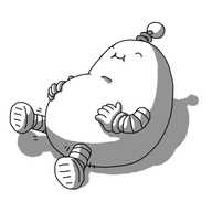 A bean-shaped robot with a swollen belly, banded arms and legs and a coiled antenna. It's reclining on its back, waggling its legs and holding its tummy, smiling happily with its eyes closed.