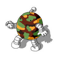A spherical robot with banded arms and legs and an antenna. It's creeping along, and its surface is covered in a classic woodland camouflage pattern.