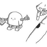 A trapezoid robot with a rounded top, four legs and two arms, consulting a densely-filled notebook page as someone displays a bruised shin and points meaningfully at it.