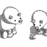 Two robots in the form of Triceratops. They have ovoid bodies and banded legs and tails, with three horns on their roughly conical heads. One is standing, looking down at a flower and sticking out its tongue, while the other is sitting on the ground, tilting its head slightly and looking at the same flower.