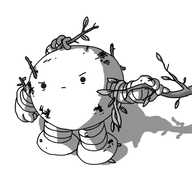 A grumpy looking round robot with banded arms and legs, pushing a branch out of the way and peering around it. There are various scraps of foliage tangled around its limbs and antenna and scuffs and dents on its casing.